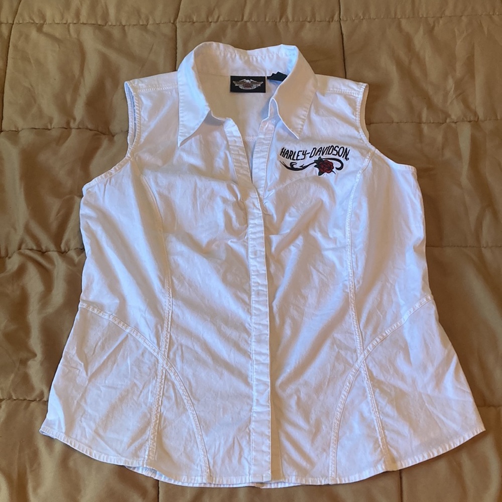 Harley Davidson Button up sleeveless Top Rose embroidered sz medium collar